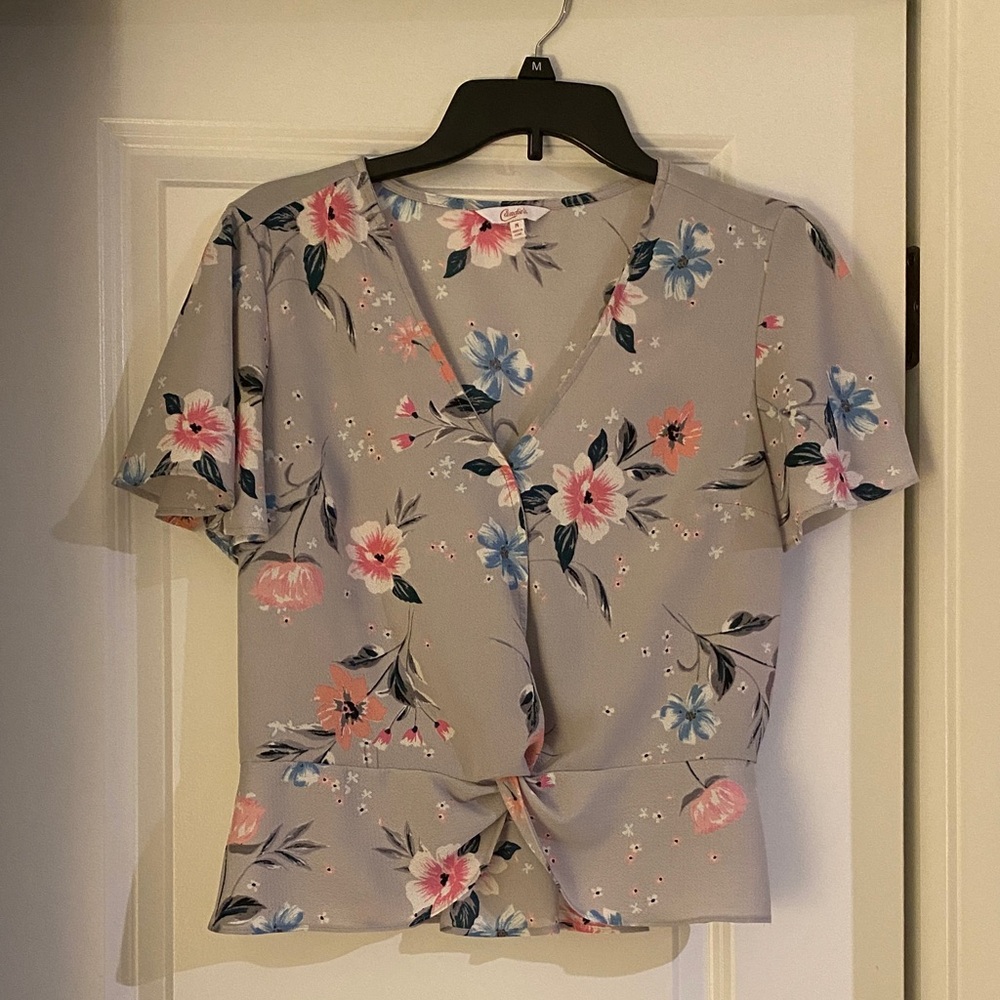 Cato Floral V-Neck Blouse - Gray with Pink and Blue Floral Design